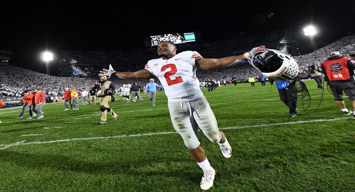 Sep 29, 2018; University Park, PA, USA; Ohio State Buckeyes running back J.K. Dobbins (2) reacts after defeating Penn State 27-26 at Beaver Stadium. Mandatory Credit: James Lang-USA TODAY Sports