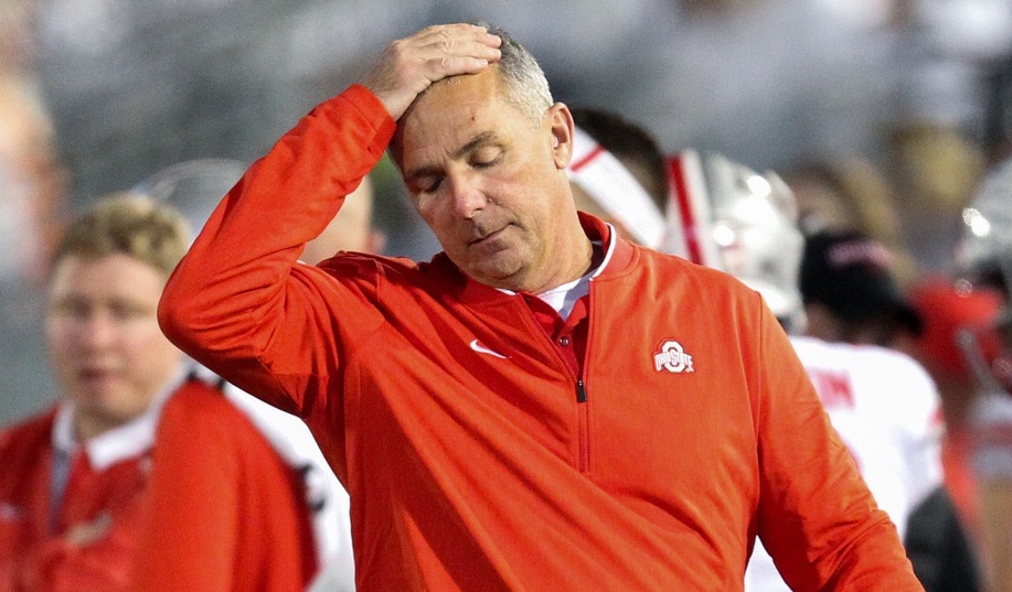 Sep 29, 2018; University Park, PA, USA; Ohio State Buckeyes head coach Urban Meyer reacts from the sideline during the second quarter against the Penn State Nittany Lions at Beaver Stadium. Ohio State defeated Penn State 27-26. Mandatory Credit: Matthew O'Haren-USA TODAY Sports