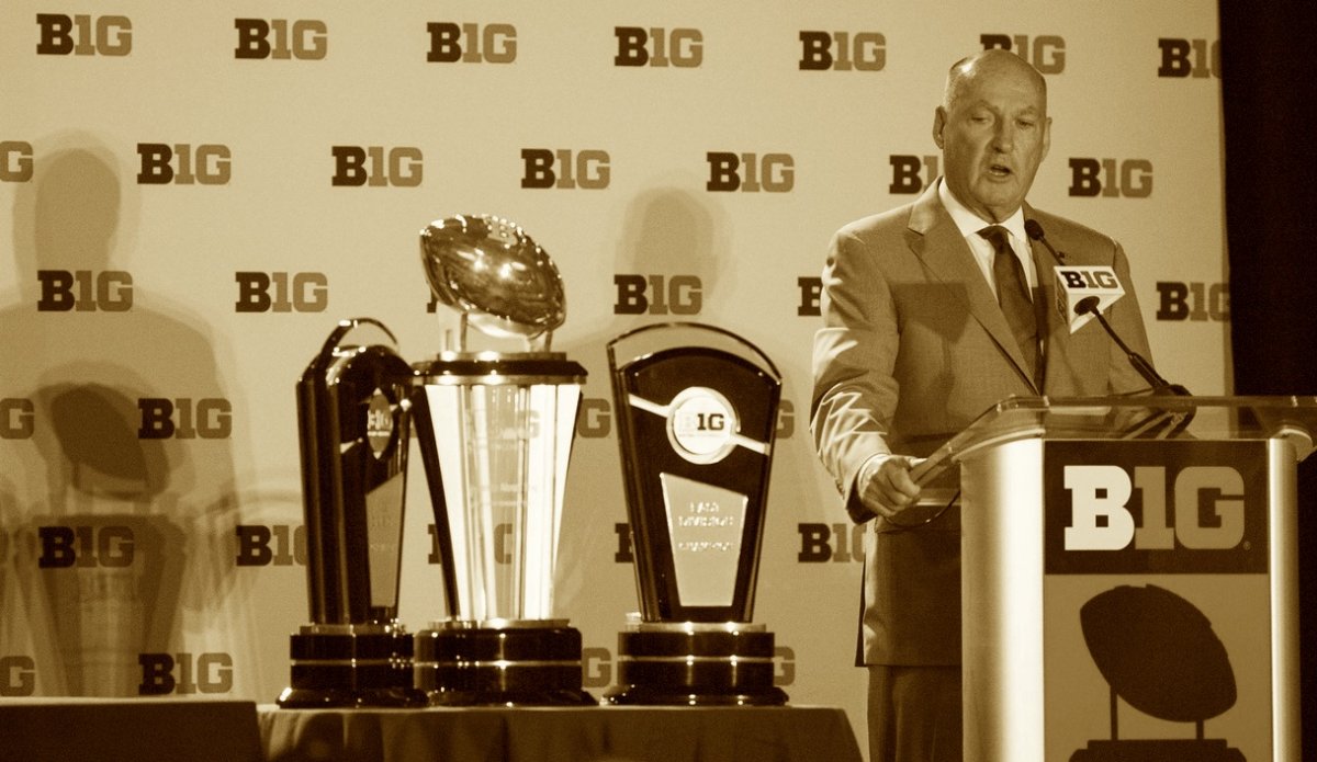 Jul 23, 2018; Chicago, IL, USA; Big Ten commissioner Jim Delany addresses the media during the Big Ten football media day at Chicago Marriott Downtown Magnificent Mile. Mandatory Credit: Patrick Gorski-USA TODAY Sports