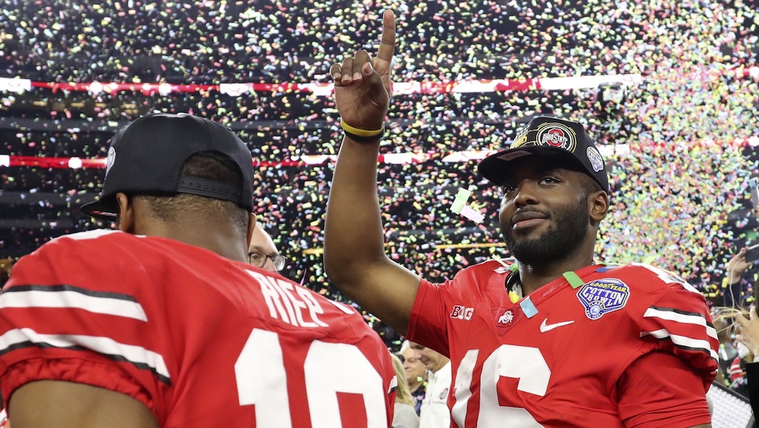 Dec 29, 2017; Arlington, TX, USA; Ohio State Buckeyes quarterback J.T. Barrett (16) celebrates after the game against the USC Trojans in the 2017 Cotton Bowl at AT&T Stadium. Mandatory Credit: Kevin Jairaj-USA TODAY Sports Dec 29, 2017; Arlington, TX, USA; Ohio State Buckeyes quarterback J.T. Barrett (16) celebrates after the game against the USC Trojans in the 2017 Cotton Bowl at AT&T Stadium. Mandatory Credit: Kevin Jairaj-USA TODAY Sports