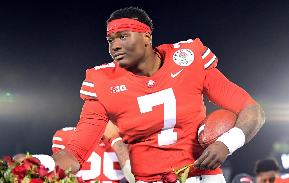 Jan 1, 2019; Pasadena, CA, USA; Ohio State Buckeyes quarterback Dwayne Haskins (7) celebrates on the podium after the Ohio State Buckeyes defeated the Washington Huskies in the 2019 Rose Bowl at Rose Bowl Stadium. Mandatory Credit: Gary A. Vasquez-USA TODAY Sports