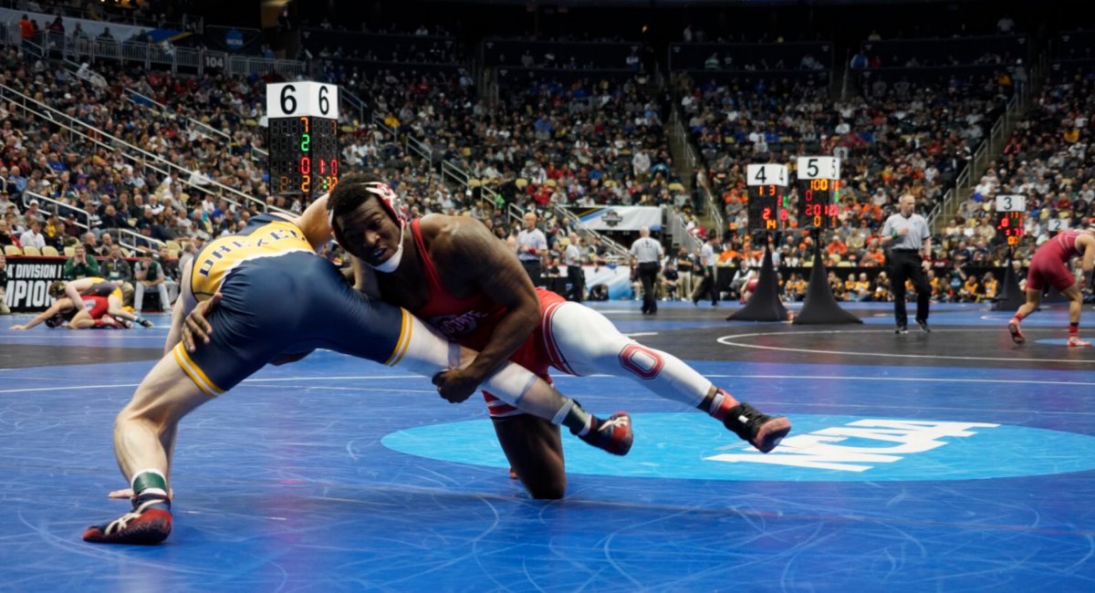 Te'Shan Campbell plants Ebed Jarrell of Drexel. Te'Shan Campbell plants Ebed Jarrell of Drexel.