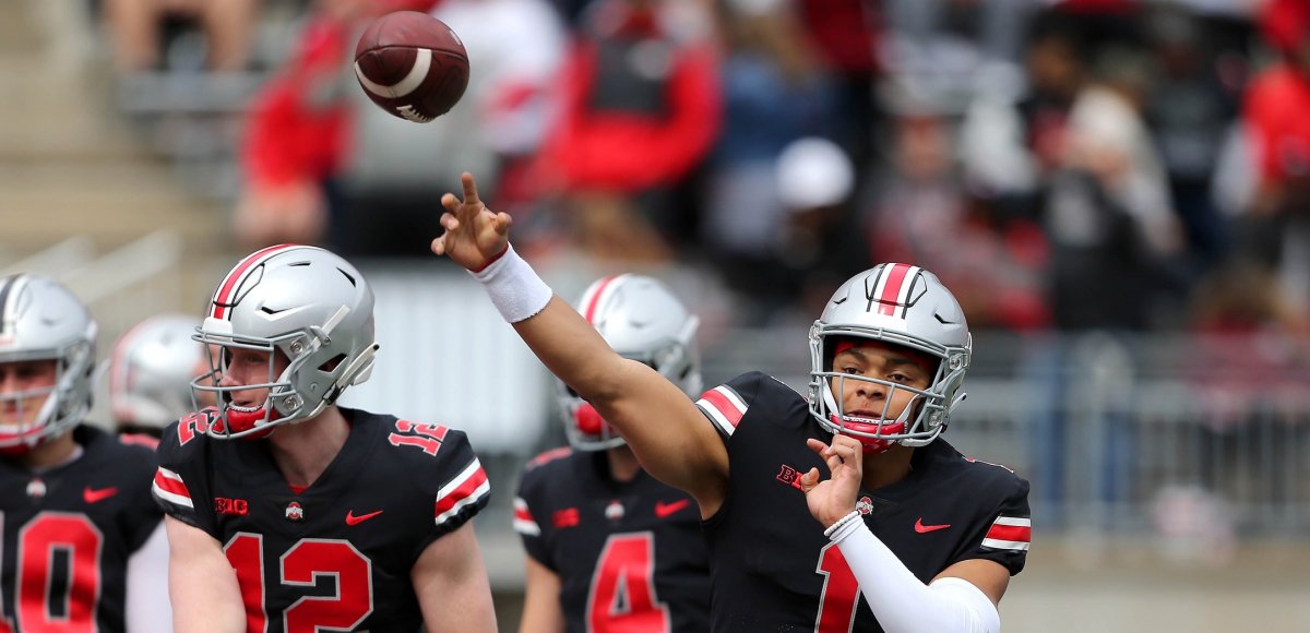 Apr 13, 2019; Columbus, OH, USA; Ohio State Buckeyes quarterback Justin Fields (1) during the first half of the Spring Game at Ohio Stadium. Mandatory Credit: Joe Maiorana-USA TODAY Sports