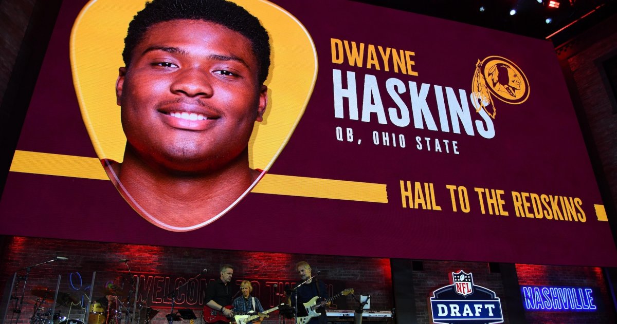 Nashville, TN, USA; Graphic of Dwayne Haskins (Ohio State) is selected as the number fifteen overall pick to the Washington Redskins in the first round of the 2019 NFL Draft in Downtown Nashville. Haskins was not in attendance. Mandatory Credit: Christopher Hanewinckel-USA TODAY Sports