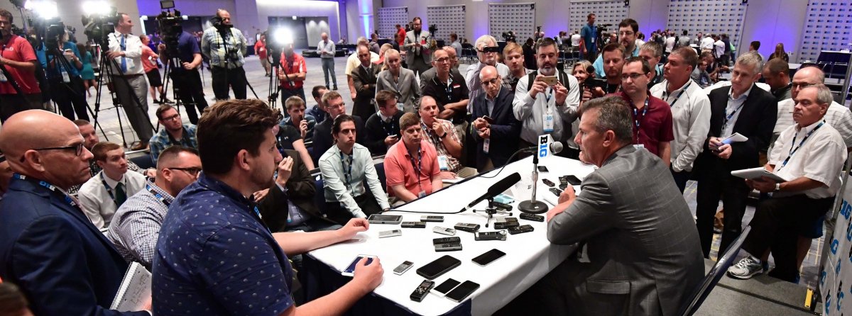 Jul 24, 2017; Chicago, IL, USA; Ohio State head coach Urban Meyer addresses the media during the Big Ten football media day at Hyatt Regency McCormick Place. Mandatory Credit: Patrick Gorski-USA TODAY Sports