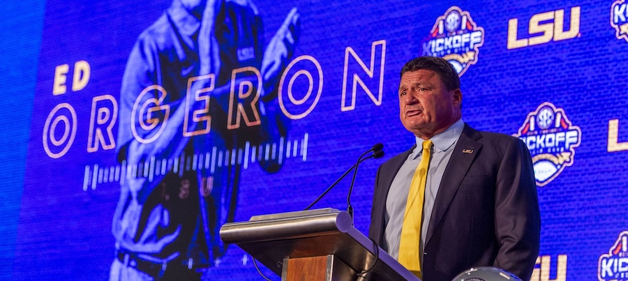 July 15, 2019; Birmingham, AL, USA; LSU Tigers head coach Ed Orgeron speaks to the media during SEC Media Days at the Hyatt Regency-Birmingham. Mandatory Credit: Vasha Hunt-USA TODAY Sports