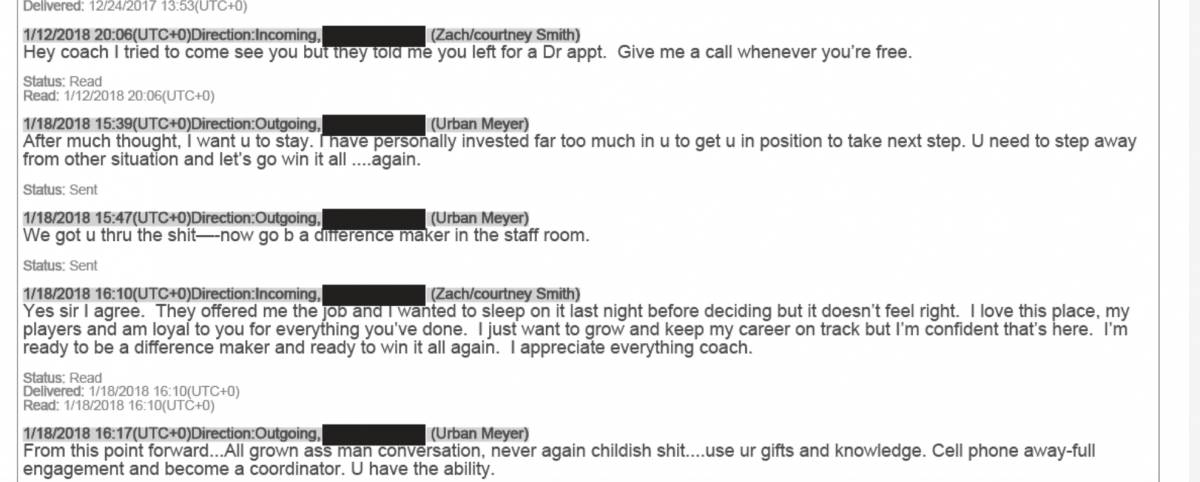 Zach Smith and Urban Meyer texts. Zach Smith and Urban Meyer texts.