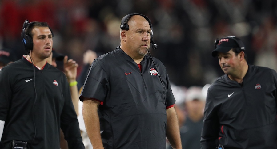 Sep 15, 2018; Arlington, TX, USA; Ohio State Buckeyes offensive line coach Greg Studrawa on the sidelines during the game against the Texas Christian Horned Frogs at AT&T Stadium. Mandatory Credit: Matthew Emmons-USA TODAY Sports