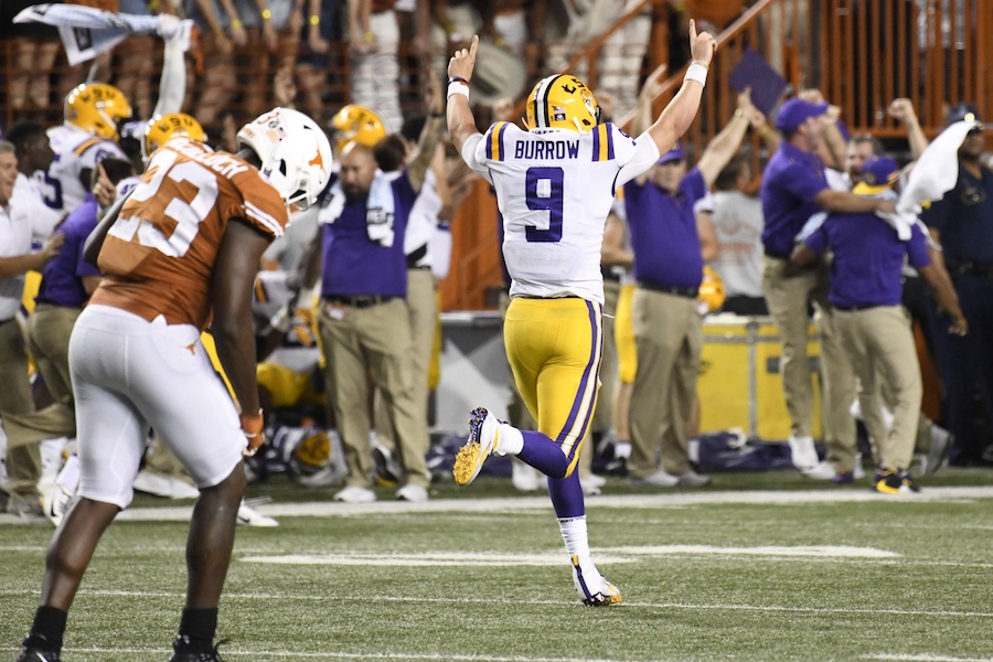 Sep 7, 2019; Austin, TX, USA; Louisiana State Tigers quarterback Joe Burrow (9) after throwing his fourth touchdown pass in the second half against the Texas Longhorns at Darrell K Royal-Texas Memorial Stadium. Mandatory Credit: Scott Wachter-USA TODAY Sports