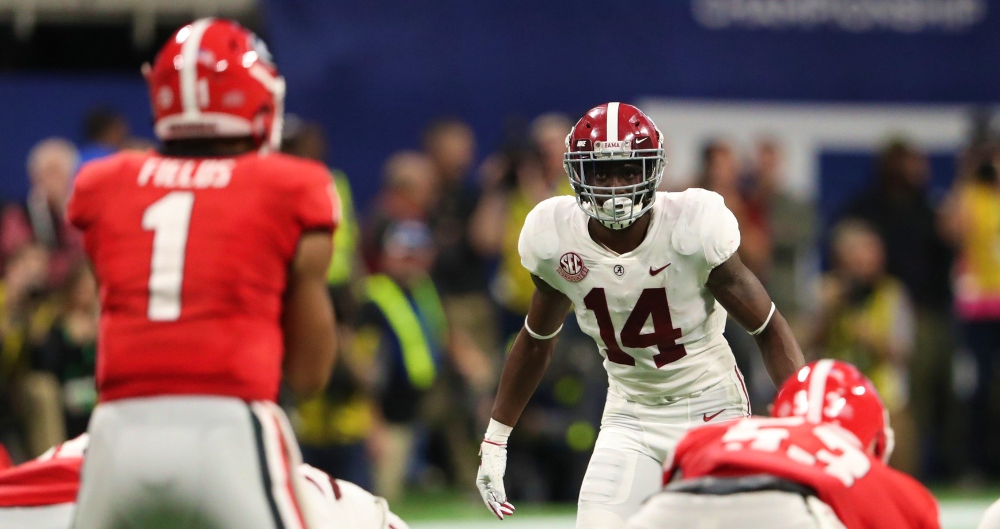 Dec 1, 2018; Atlanta, GA, USA; Alabama Crimson Tide defensive back Deionte Thompson (14) prepares for a play against Georgia Bulldogs quarterback Justin Fields (1) in the SEC championship game at Mercedes-Benz Stadium. Mandatory Credit: Jason Getz-USA TODAY Sports Dec 1, 2018; Atlanta, GA, USA; Alabama Crimson Tide defensive back Deionte Thompson (14) prepares for a play against Georgia Bulldogs quarterback Justin Fields (1) in the SEC championship game at Mercedes-Benz Stadium. Mandatory Credit: Jason Getz-USA TODAY Sports
