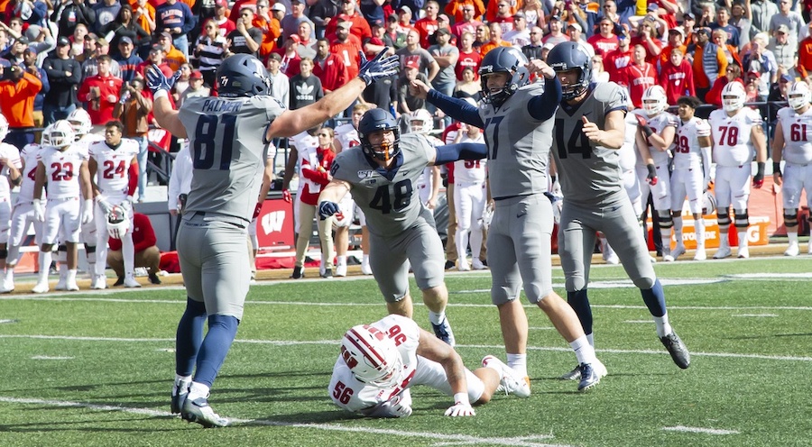 Oct 19, 2019; Champaign, IL, USA; Illinois Fighting Illini place kicker James McCourt (17) celebrates with teammates after kicking the game winning field goal during the second half against the Wisconsin Badgers at Memorial Stadium. Mandatory Credit: Patrick Gorski-USA TODAY Sports
