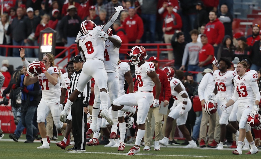 Oct 26, 2019; Lincoln, NE, USA; Indiana Hoosiers running back Stevie Scott III (8) and linebacker Cam Jones (4) celebrate after defeating the Nebraska Cornhuskers at Memorial Stadium. Mandatory Credit: Bruce Thorson-USA TODAY Sports