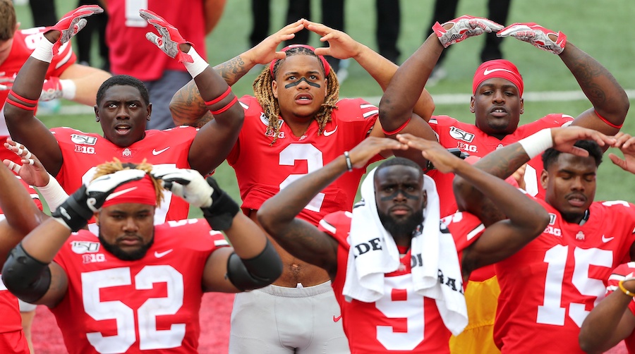 Sep 7, 2019; Columbus, OH, USA; Ohio State Buckeyes defensive end Chase Young (2) with teammates after the game against the Cincinnati Bearcats at Ohio Stadium. Mandatory Credit: Joe Maiorana-USA TODAY Sports