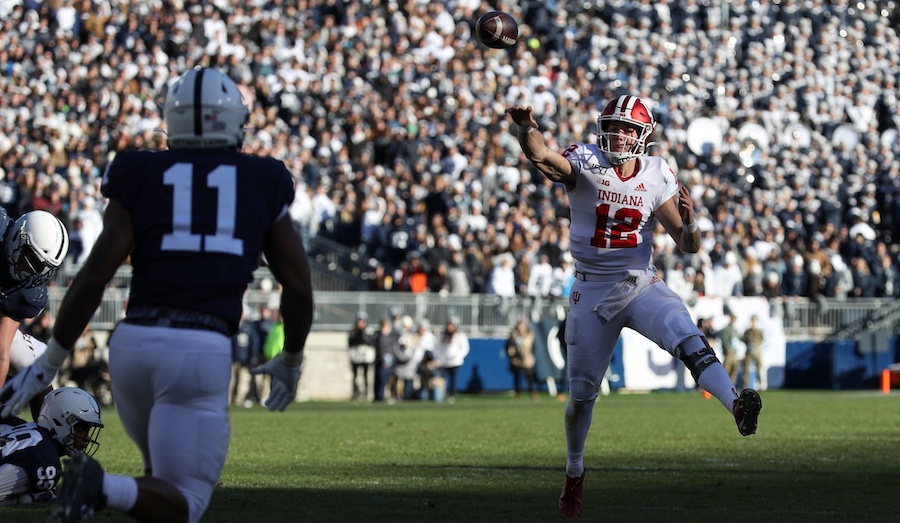 Nov 16, 2019; University Park, PA, USA; Indiana Hoosiers quarterback Peyton Ramsey (12) throws a pass during the third quarter against the Penn State Nittany Lions at Beaver Stadium. Penn State defeated Indiana 34-27. Mandatory Credit: Matthew O'Haren-USA TODAY Sports