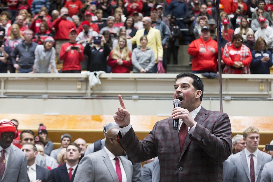 Nov 23, 2019; Columbus, OH, USA; Ohio State Buckeyes head coach Ryan Day addresses fans and the OSU marching band prior to the game against the Penn State Nittany Lions at Ohio Stadium. Mandatory Credit: Greg Bartram-USA TODAY Sports