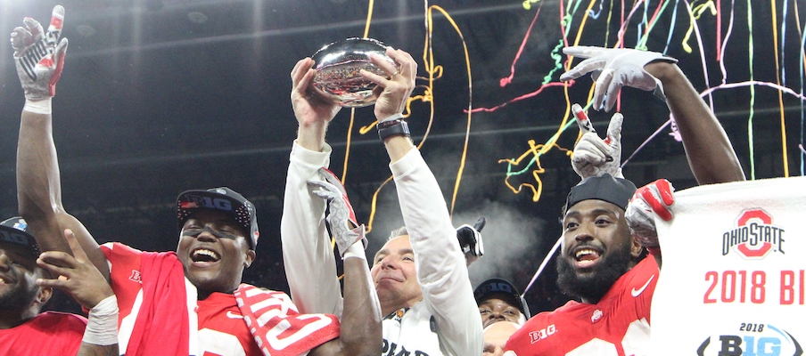 Urban Meyer celebrates the 2018 Big Ten championship