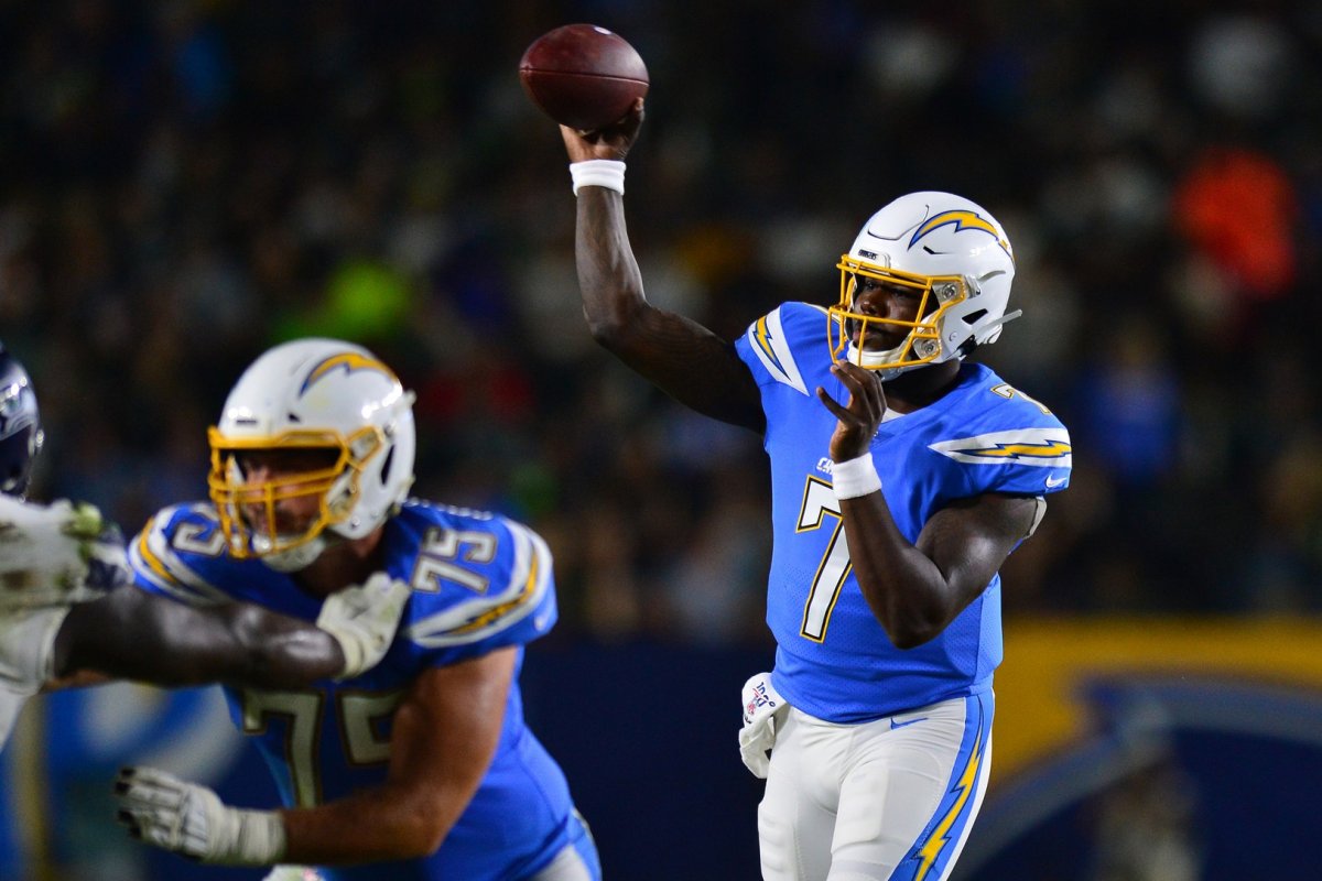 Aug 24, 2019; Carson, CA, USA; Los Angeles Chargers quarterback Cardale Jones (7) throws a pass against the Seattle Seahawks during the second quarter at Dignity Health Sports Park. Mandatory Credit: Jake Roth-USA TODAY Sports