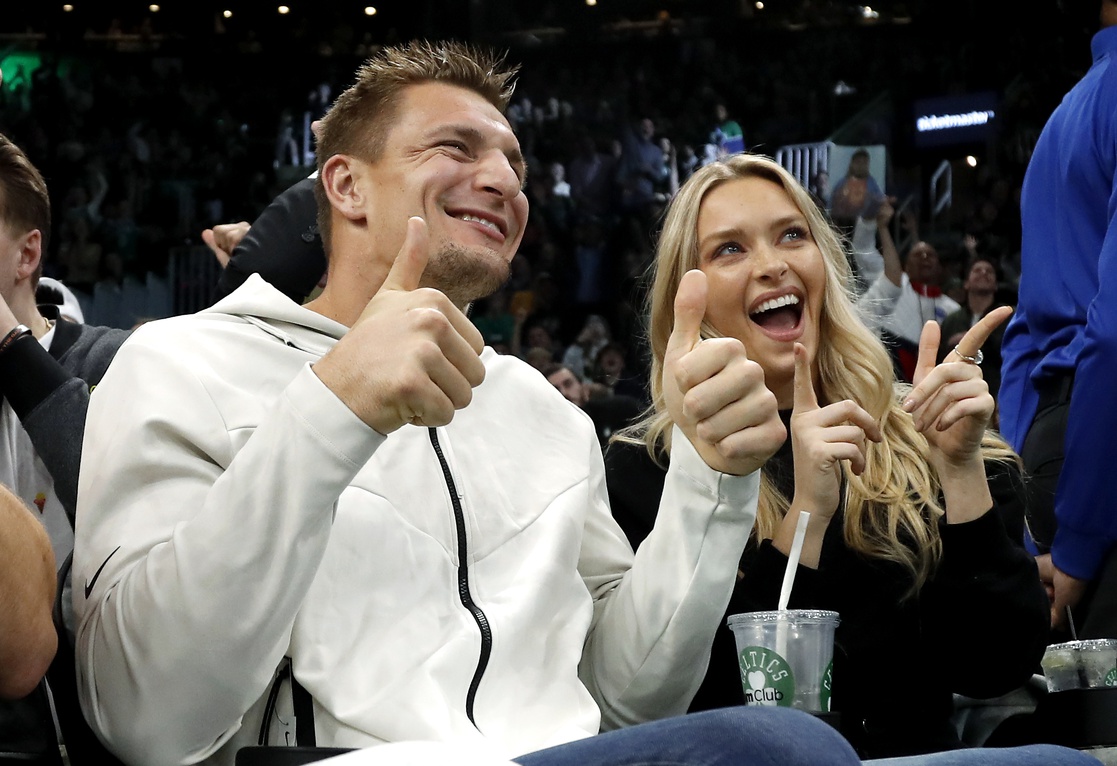 Dec 6, 2019; Boston, MA, USA; Former New England Patriots tight end Rob Gronkowski and his girlfriend, Sports Illustrated swimsuit model Camille Kostek pose for the Jumbotron during the second half of the game between the Boston Celtics and the Denver Nuggets at TD Garden. Mandatory Credit: Winslow Townson-USA TODAY Sports