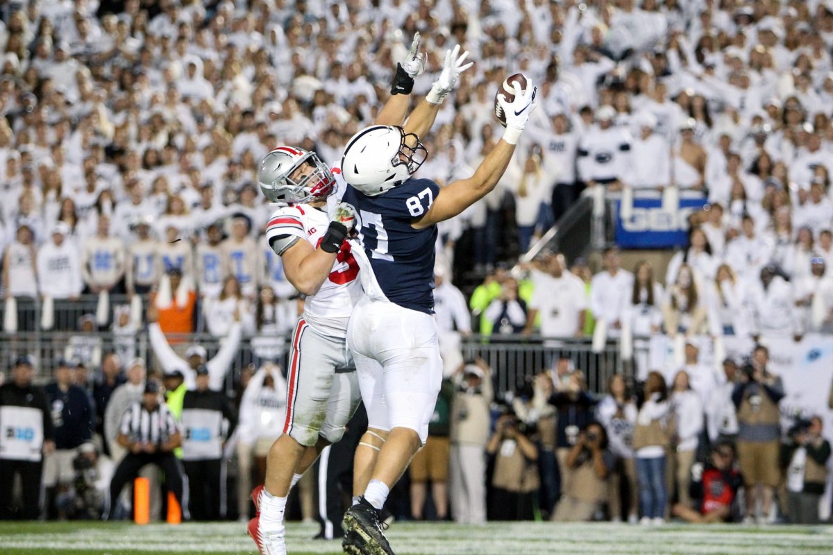 Sep 29, 2018; University Park, PA, USA; Penn State Nittany Lions tight end Pat Freiermuth (87) catches the ball in the end zone for a touchdown during the fourth quarter against the Ohio State Buckeyes at Beaver Stadium. Ohio State defeated Penn State 27-26. Mandatory Credit: Matthew O'Haren-USA TODAY Sports Sep 29, 2018; University Park, PA, USA; Penn State Nittany Lions tight end Pat Freiermuth (87) catches the ball in the end zone for a touchdown during the fourth quarter against the Ohio State Buckeyes at Beaver Stadium. Ohio State defeated Penn State 27-26. Mandatory Credit: Matthew O'Haren-USA TODAY Sports