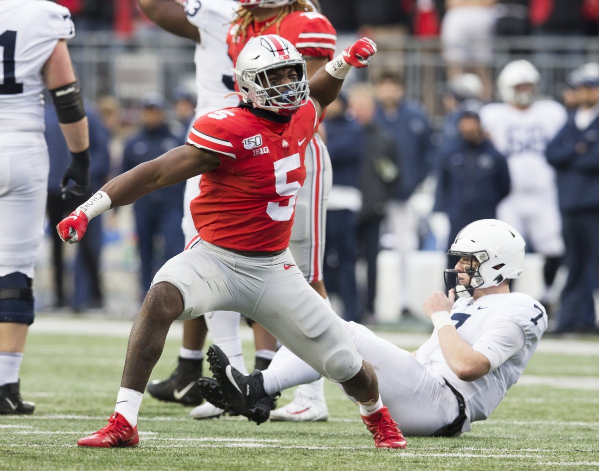 Nov 23, 2019; Columbus, OH, USA; Ohio State Buckeyes linebacker Baron Browning (5) celebrates after pressuring Penn State Nittany Lions quarterback Will Levis (7) into an incomplete pass in the second half at Ohio Stadium. Mandatory Credit: Greg Bartram-USA TODAY Sports
