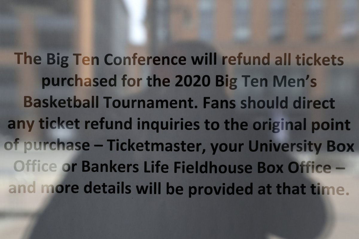 Mar 13, 2020; Indianapolis, Indiana, USA; An official statement regarding refund of tickets for the the Big Ten mens basketball tournament is posted on the door at Bankers Life Fieldhouse. The tournament has been cancelled due to concerns over the Covid 19 coronavirus. Mandatory Credit: Brian Spurlock-USA TODAY Sports