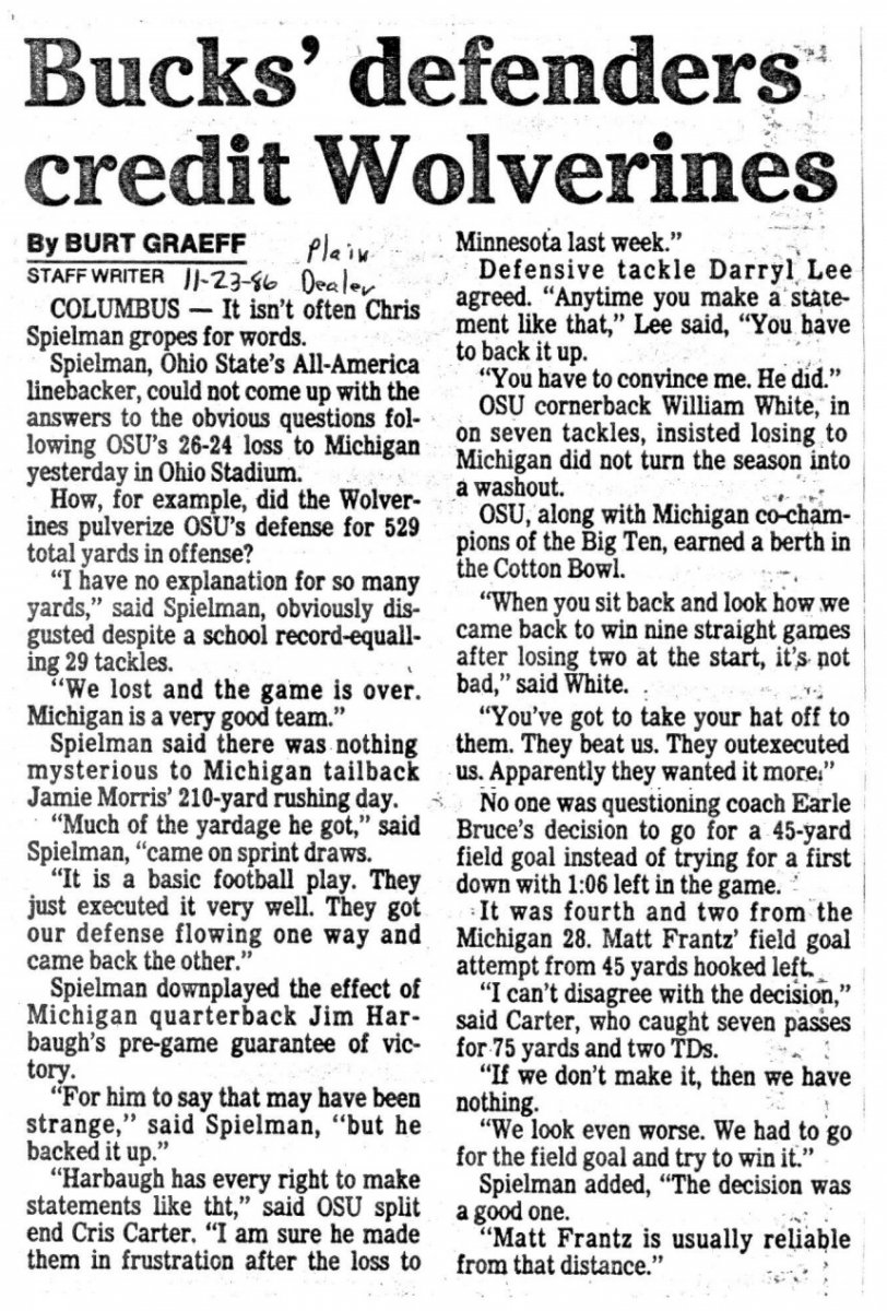 Newspaper clipping about Ohio State vs. Michigan (1986)