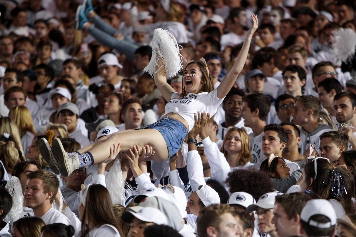 Sep 29, 2018; University Park, PA, USA; A Penn State Nittany Lions fan celebrates following a touchdown during the fourth quarter against the Ohio State Buckeyes at Beaver Stadium. Ohio State defeated Penn State 27-26. Mandatory Credit: Matthew O'Haren-USA TODAY Sports