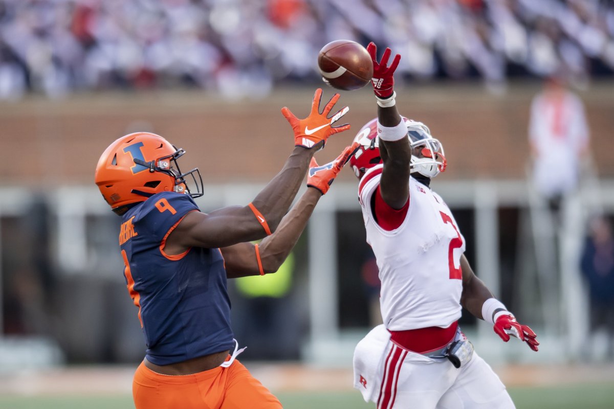 Nov 2, 2019; Champaign, IL, USA; Illinois Fighting Illini wide receiver Josh Imatorbhebhe (9) catches a pass for a touchdown during the second half against the Rutgers Scarlet Knights at Memorial Stadium. Mandatory Credit: Patrick Gorski-USA TODAY Sports