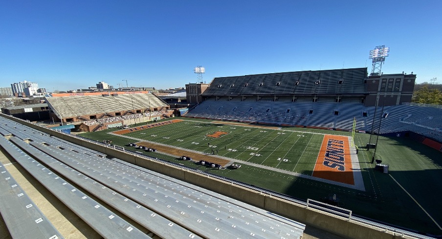 An empty Memorial Stadium in Champaign, Ill. would have been the venue for Ohio State s football game against the Illinois Fighting Illini on Sat. Nov. 28, 2020. A COVID-19 outbreak in the Buckeyes football team forced the cancellation of the game.
