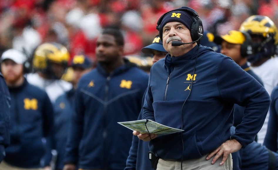 Michigan defensive coordinator Don Brown watches replay on the screen during the first half against Ohio State at Ohio Stadium in Columbus, Ohio, Saturday, Nov. 24, 2018.