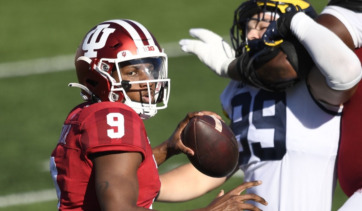 Nov 7, 2020; Bloomington, Indiana, USA; Indiana Hoosiers quarterback Michael Penix Jr. (9) prepares to throw a pass during the second half of the game at Memorial Stadium. The Indiana Hoosiers defeated the Michigan Wolverines 38 to 21. Mandatory Credit: Marc Lebryk-USA TODAY Sports