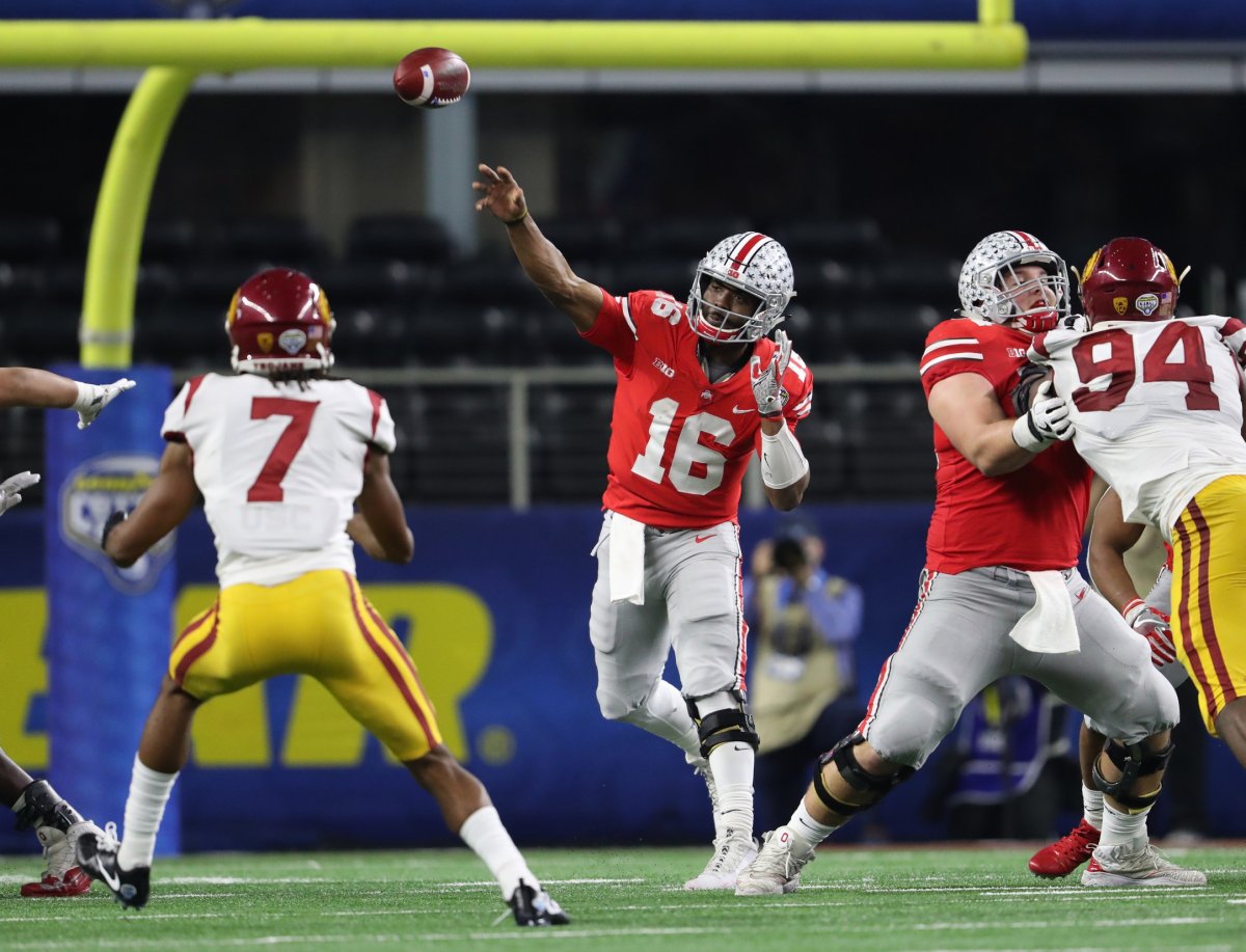 Dec 29, 2017; Arlington, TX, USA; Ohio State Buckeyes quarterback J.T. Barrett (16) throws in the pocket against the Southern California Trojans in the 2017 Cotton Bowl at AT&T Stadium. Mandatory Credit: Matthew Emmons-USA TODAY Sports