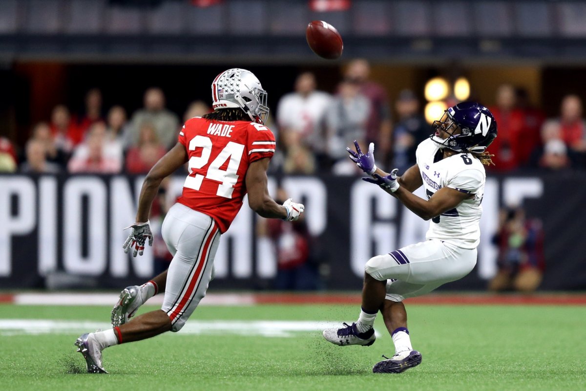 Dec 1, 2018; Indianapolis, IN, USA; Northwestern Wildcats wide receiver Jelani Roberts (6) makes a catch against Ohio State Buckeyes cornerback Shaun Wade (24) in the second half in the Big Ten conference championship game at Lucas Oil Stadium. Mandatory Credit: Aaron Doster-USA TODAY Sports