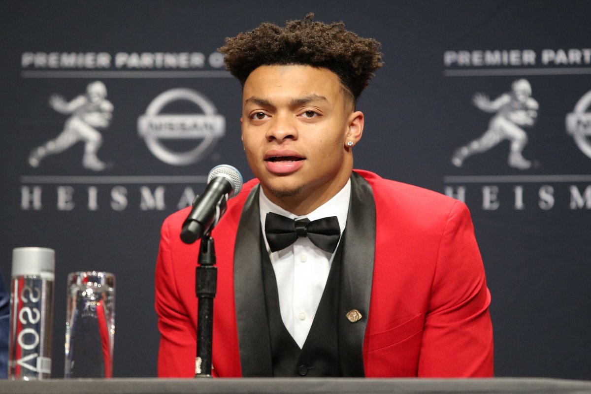 Dec 14, 2019; New York, NY, USA; Ohio State Buckeyes quarterback and Heisman finalist Justin Fields speaks to the media during a pre-ceremony press conference at the New York Marriott Marquis. Mandatory Credit: Brad Penner-USA TODAY Sports