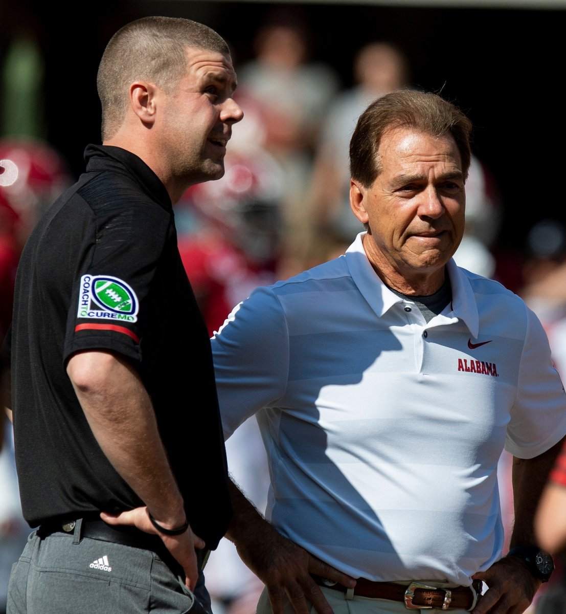 Billy Napier and Nick Saban prior to a game in 2018