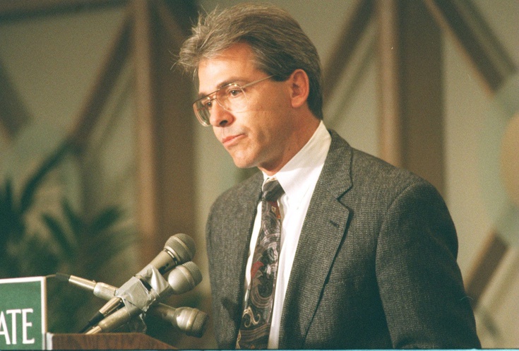 Nick Saban talks at a news conference announcing him as the successor to George Perles as football coach at Michigan State University after the 1994 season.