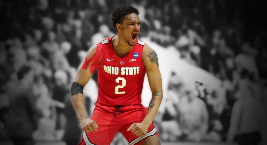 Mar 22, 2019; Tulsa, OK, USA; Ohio State Buckeyes guard Musa Jallow (2) celebrates during the second half against the Iowa State Cyclones in the first round of the 2019 NCAA Tournament at BOK Center. Ohio State won 62-59. Mandatory Credit: Mark J. Rebilas-USA TODAY Sports