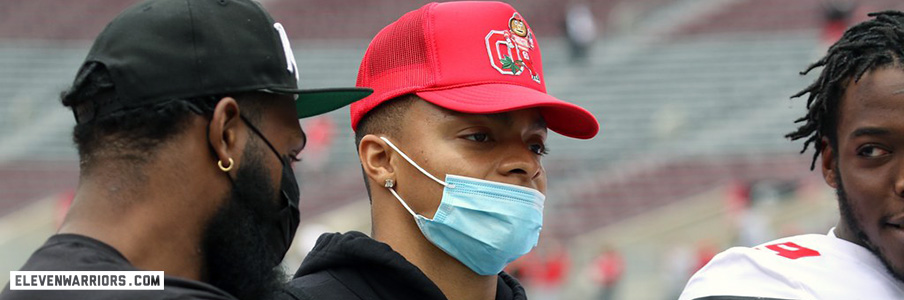 Justin Fields rocking a custom OSU hat at the spring game