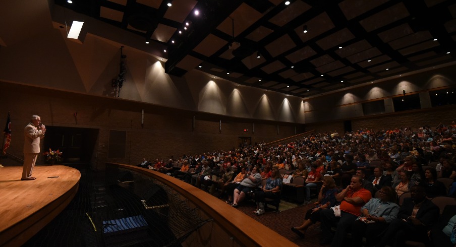 Mansfield City Schools employees met Tuesday morning and listened to Jim Tressel and new superintendent Stan Jefferson speak.