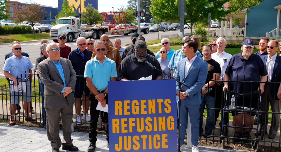 Former Michigan RB Jon Vaughn addresses the media near Michigan Stadium on Wednesday, June 16, 2021. Vaughn was one of several alleged victims of sexual abuse by Dr. Robert Anderson in the 1980s. © Eric Seals/ICS