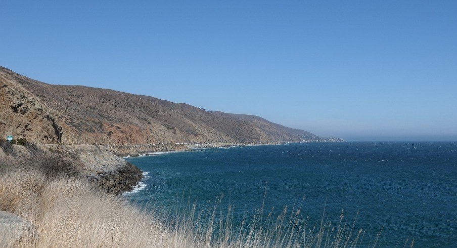 Looking south from Pacific Coast Highway in Ventura County, with Point Dume in Malibu visible in the distance, as seen in August 2019.