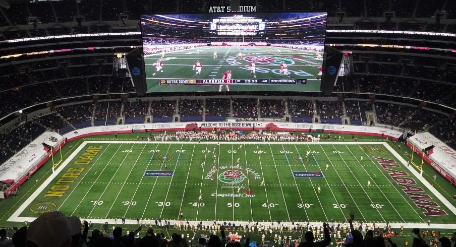 Jan 1, 2021; Arlington, TX, USA; General view of the opening kickoff between the Alabama Crimson Tide and the Notre Dame Fighting Irish during the Rose Bowl at AT&T Stadium. Mandatory Credit: Kirby Lee-USA TODAY Sports Jan 1, 2021; Arlington, TX, USA; General view of the opening kickoff between the Alabama Crimson Tide and the Notre Dame Fighting Irish during the Rose Bowl at AT&T Stadium. Mandatory Credit: Kirby Lee-USA TODAY Sports
