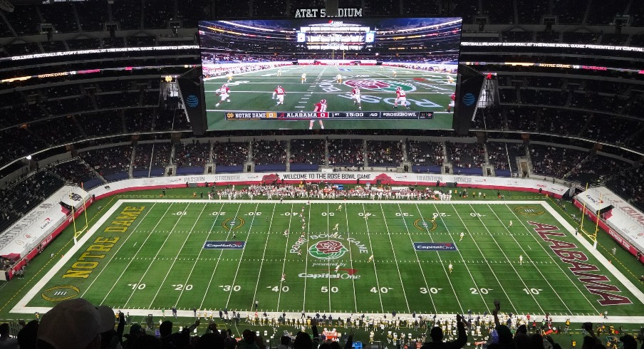 Jan 1, 2021; Arlington, TX, USA; General view of the opening kickoff between the Alabama Crimson Tide and the Notre Dame Fighting Irish during the Rose Bowl at AT&T Stadium. Mandatory Credit: Kirby Lee-USA TODAY Sports