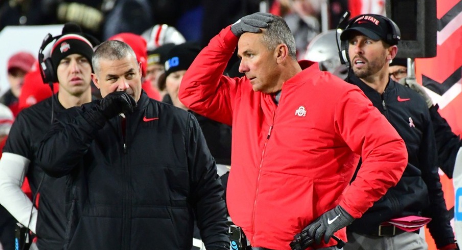 OSU coach Urban Meyer reacts as Purdue upsets Ohio State in West Lafayette on Saturday October 20, 2018.