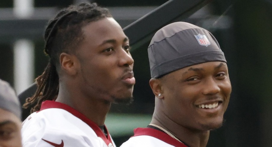 Jun 2, 2021; Ashburn, VA, USA; Washington Football Team wide receiver Terry McLaurin (17) walks onto the field with Washington Football Team running back J.D. McKissic (41) and Washington Football Team wide receiver Curtis Samuel (M) prior to drills as part of an OTA at Inova Sports Performance Center. Mandatory Credit: Geoff Burke-USA TODAY Sports