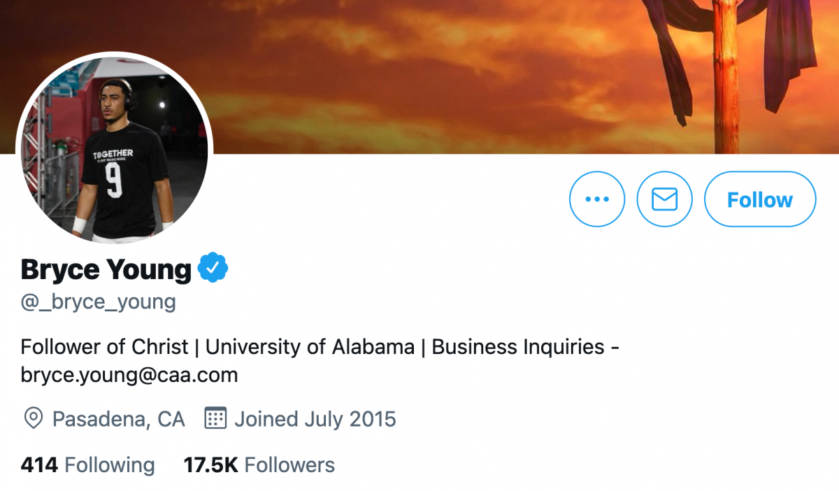 Alabama QB Bryce Young's Twitter Profile already features a link to his business managers at CAA