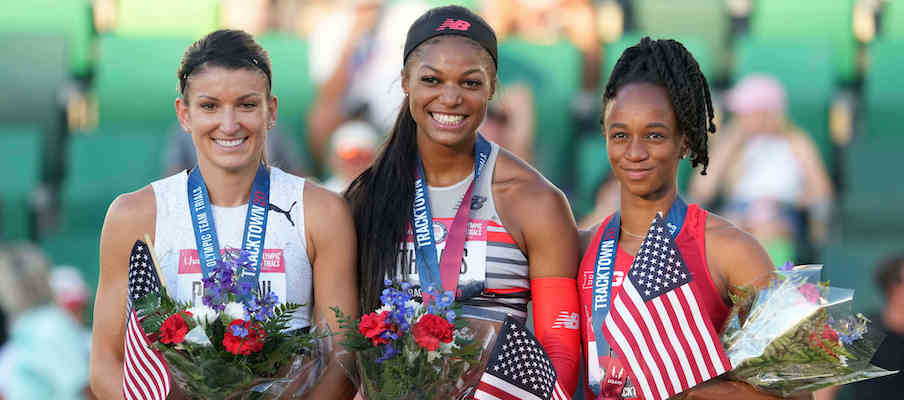 Jenna Prandini, Gabby Thomas and Anavia Battle