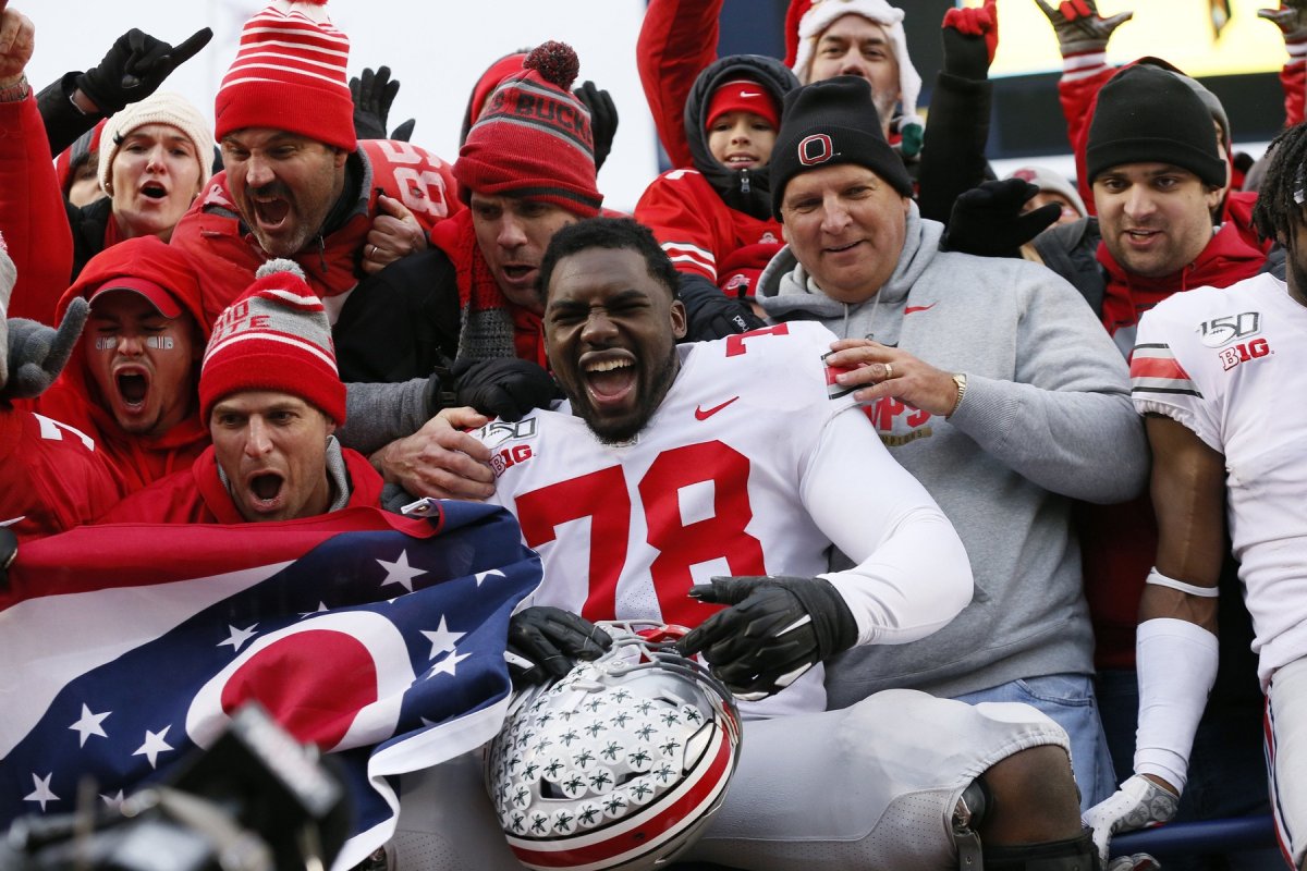 Ohio State tackle Nicholas Petit-Frere, here celebrating with fans after a win over Michigan in 2019, 