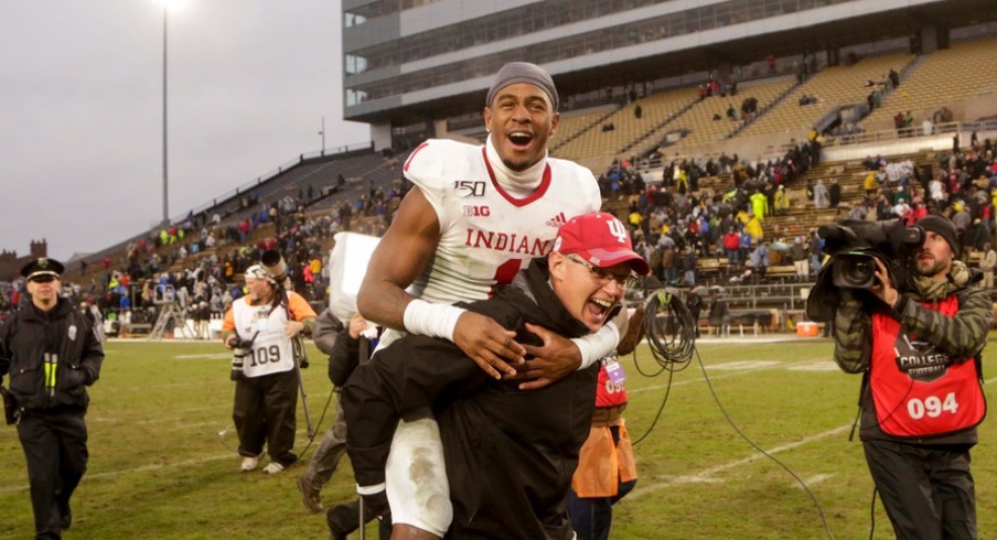 Indiana head coach Tom Allen carries Indiana wide receiver Whop Philyor (1) across the field after defeating Purdue, 44-41 in double overtime to win the Old Oaken Bucket, Saturday, Nov. 30, 2019 at Ross-Ade Stadium in West Lafayette. Indiana head coach Tom Allen carries Indiana wide receiver Whop Philyor (1) across the field after defeating Purdue, 44-41 in double overtime to win the Old Oaken Bucket, Saturday, Nov. 30, 2019 at Ross-Ade Stadium in West Lafayette.