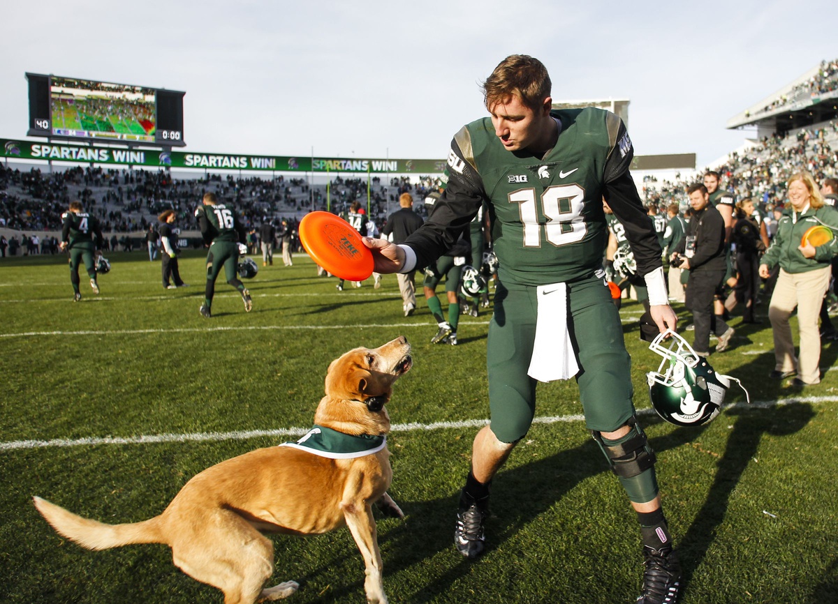 Michigan State quarterback Connor Cook tossed a Frisbee to Zeke the Wonderdog III after the Spartans beat Maryland on Nov. 14, 2015.